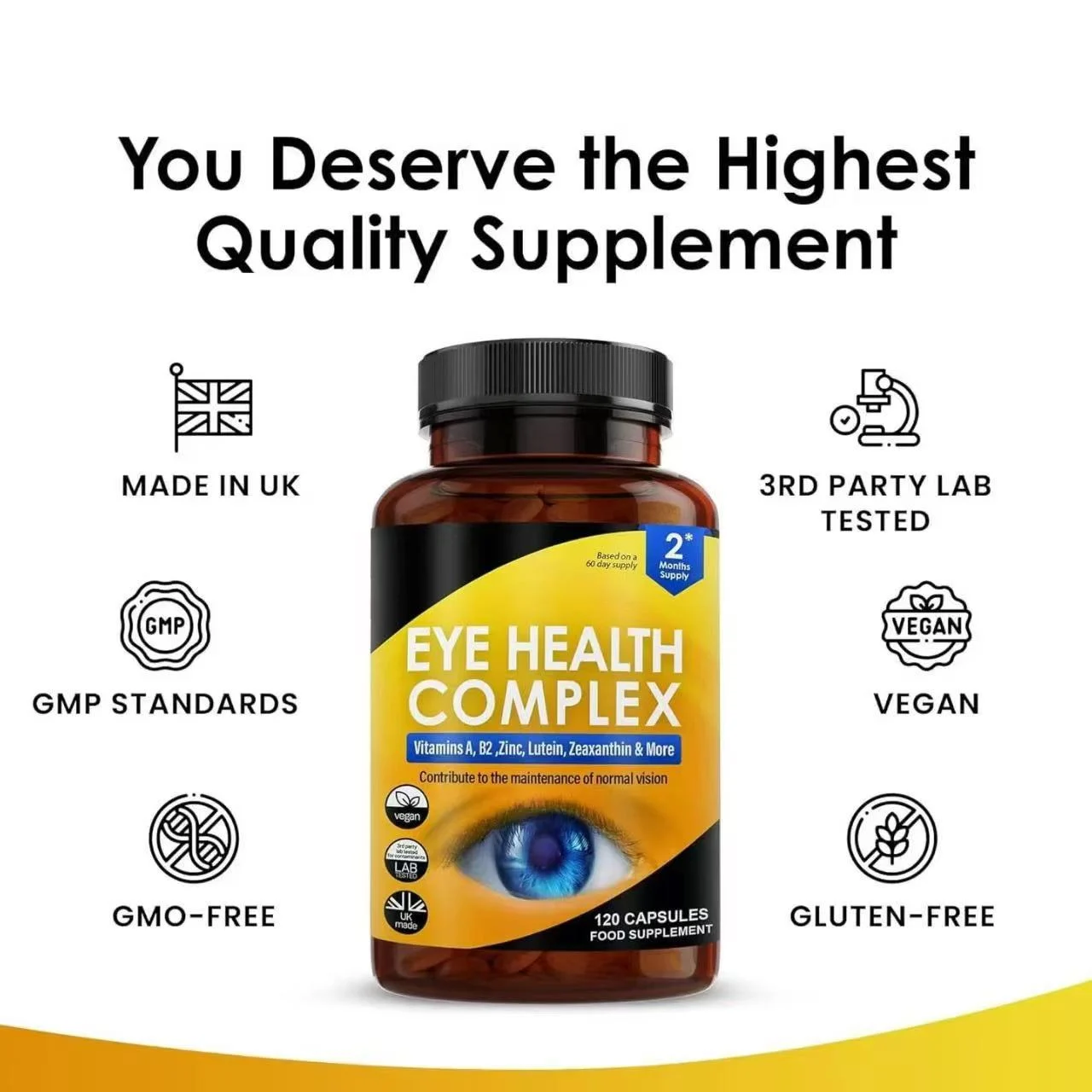 High-potency Lutein and Zeaxanthin softgel capsules for eye health support, featuring vitamins A, B2, zinc, and antioxidant protection in a 120-count bottle.