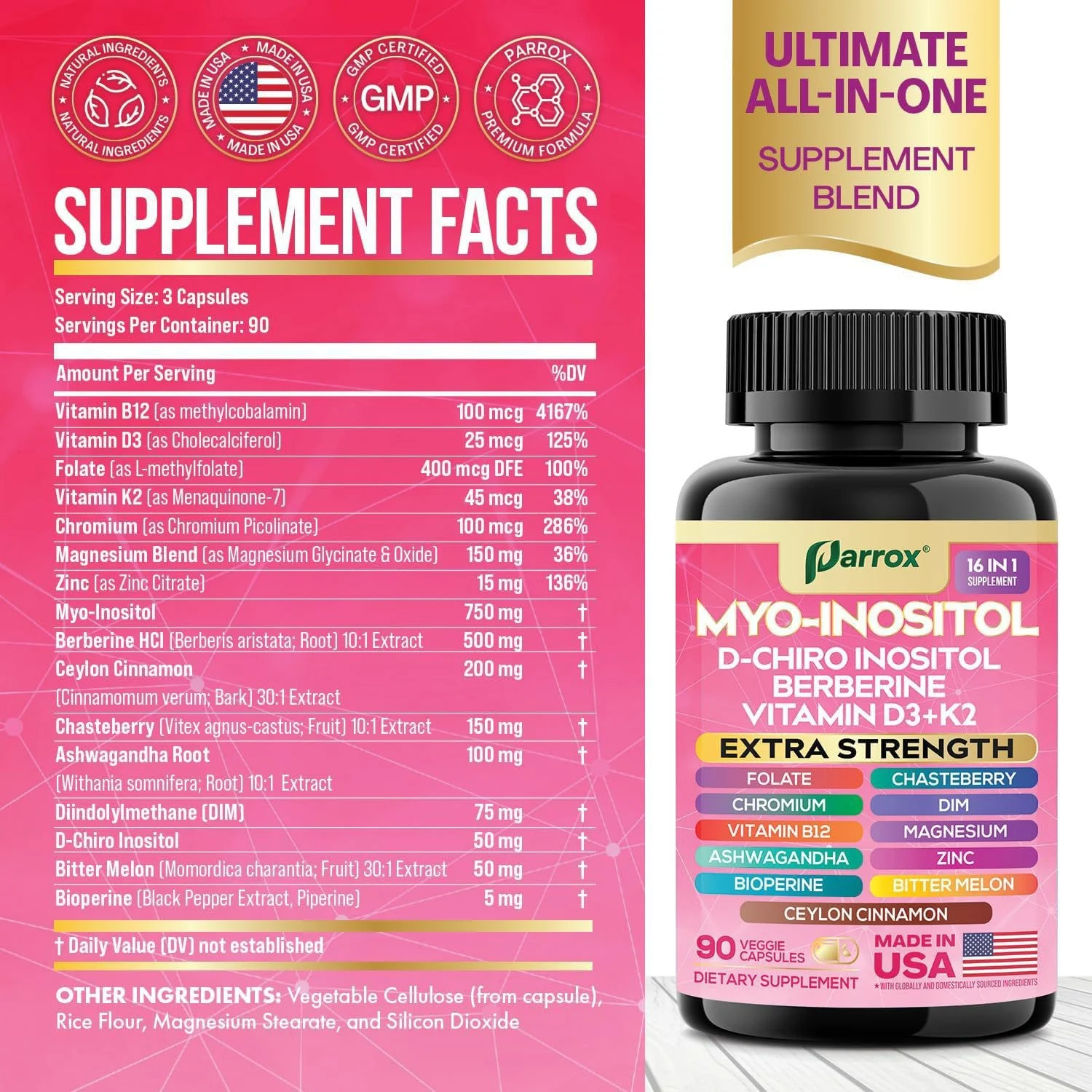 Magnesium Glycinate and Ashwagandha supplement capsules with L-Theanine and Inositol for stress relief and daily wellness.